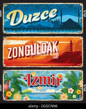 Duzce, Zonguldak and Izmir il, Turkey provinces vintage plates. Turkish republic travel grunge signs and stickers of mosque, lighthouse, Black Sea bea Stock Vector