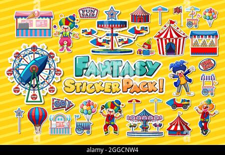 Sticker set of amusement park objects and cartoon characters ...