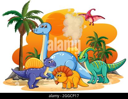 Many cute dinosaurs character in prehistoric land isolated illustration Stock Vector