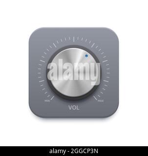 Metallic music sound knob button icon. Stainless steel, chrome metal or aluminum volume control dial with scale from minimum to maximum. Amplifier, ra Stock Vector