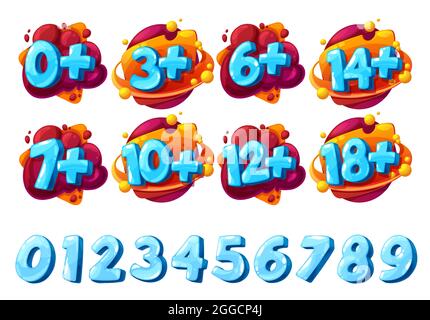 Age limit signs and icons. Cartoon vector labels zero, three and six years old, fourteen, seven and ten, twelve plus sticker, parental control restric Stock Vector