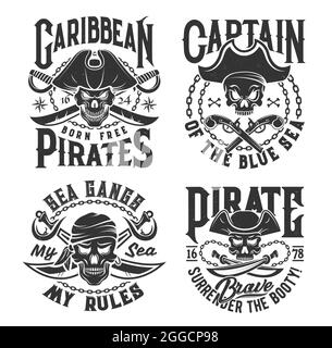 Tshirt print with pirate skull in cocked hat and crossed sabers with chain.  Vector mascot apparel T shirt design with typography surrender the booty  Stock Vector Image & Art - Alamy