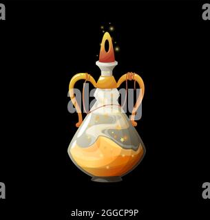Cartoon potion bottle with golden dust, vector magic elixir in glass flask with sparkling stars and glowing bung. Wizard fairy spell in jar, gui desig Stock Vector