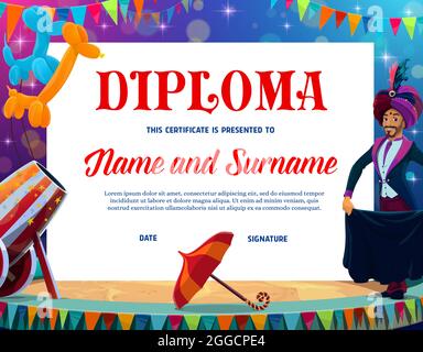 Kids education diploma with circus magician on chapiteau stage. Vector diploma, award or achievement certificate of school graduation or competition w Stock Vector