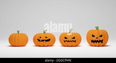 Collection of pumpkin different shapes isolated on white background. 3D render for holiday Halloween Stock Photo