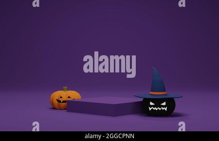3D rendering. Halloween pumpkin wearing a witch hat with podium on purple background. Abstract minimal scene for Halloween background Stock Photo