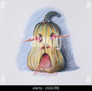 Hand drawn pumpkin halloween on white paper background. Image drawing of colored pencil. Stock Photo