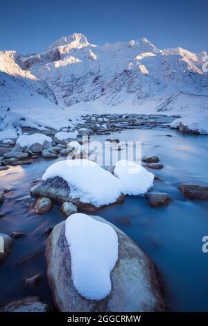 Mount Sefton, The Footstool and Mueller Glacier lake outlet, Aoraki Mount Cook National Park Stock Photo