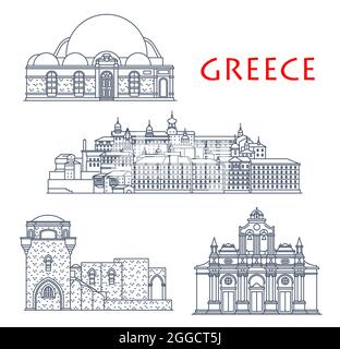 Greece, Rhodes tourism landmarks, vector city travel illustration Stock ...