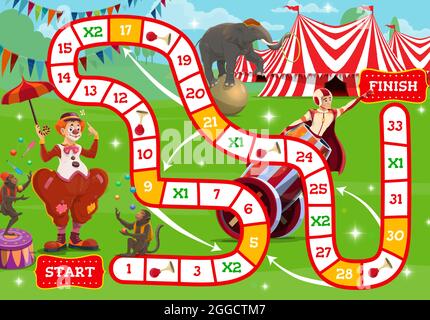 Circus boardgame, shapito circus characters near big top tent. Vector step game for kids with numbered block way. Children test with cartoon clown, ap Stock Vector