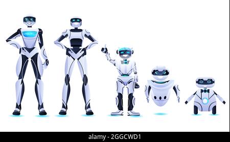 different robots standing together modern robotic characters team artificial intelligence technology concept Stock Vector