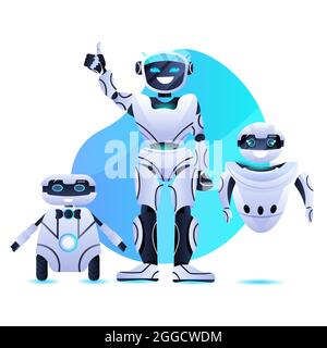 different robots standing together modern robotic characters team artificial intelligence technology concept Stock Vector