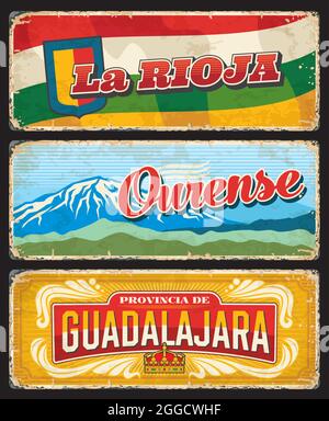 La Rioja, Ourense and Guadalajara provinces retro plates. Spain regions grunge plates with shabby sides, tin signs with province flags, coat of arms a Stock Vector