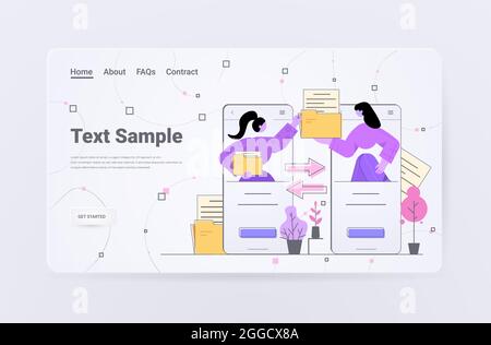businesswomen sending and receiving document folders via smartphones copy transfer exchange file sharing concept horizontal portrait copy space vector Stock Vector