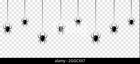 Seamless pattern with hanging spiders. Scary background for Halloween isolated on transparent background Stock Vector