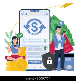 Vector design of two people making a secure mobile money transfer Stock Vector
