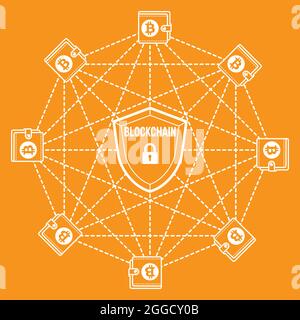 Vector design of Bitcoin network and how secure is the Blockchain algorithm Stock Vector