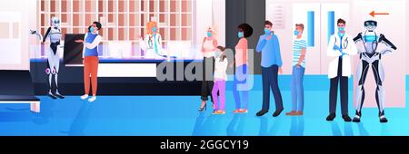 robots assisting mix race patients in masks at hospital reception modern clinic hall interior healthcare Stock Vector