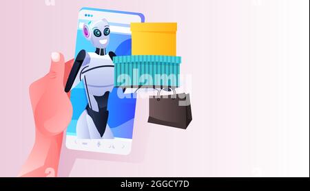 modern robot holding colorful purchases shopping bags on smartphone screen artificial intelligence technology concept Stock Vector