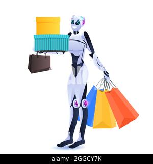 modern robot holding colorful purchases shopping bags artificial intelligence technology concept Stock Vector