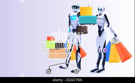 modern robots holding colorful purchases shopping bags artificial intelligence technology concept Stock Vector