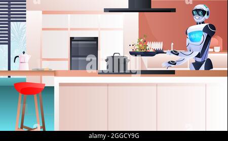 modern robot preparing healthy vegetables salad at kitchen artificial intelligence technology concept Stock Vector