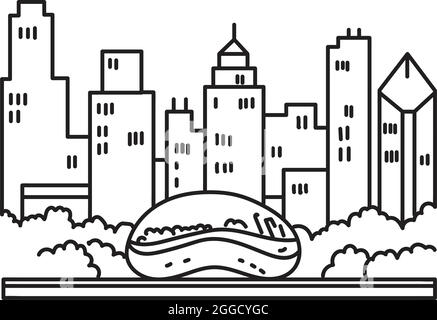 Mono line poster illustration of Chicago downtown skyline with the Bean landmark or Cloud Gate sculpture on top of Park Grill on Lake Michigan in Illi Stock Vector