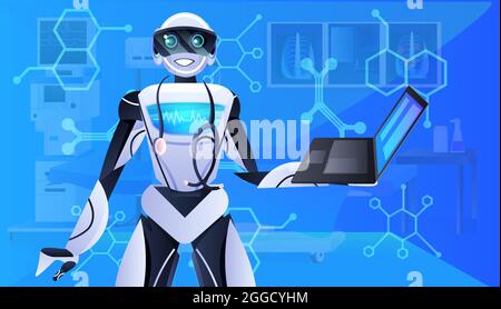robot doctor with stethoscope using laptop modern hospital clinic ward interior medicine healthcare Stock Vector