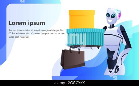 modern robot holding colorful purchases shopping bags artificial intelligence technology concept Stock Vector