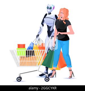 modern robot with woman holding colorful purchases shopping bags artificial intelligence technology concept Stock Vector