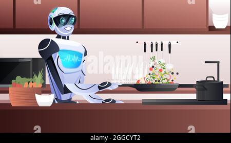 modern robot preparing healthy vegetables salad at kitchen artificial intelligence technology concept Stock Vector