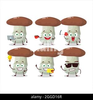 Toadstool cartoon character with various types of business emoticons ...