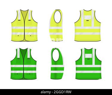 Front and back view of green vest mockup with reflective stripes and ...