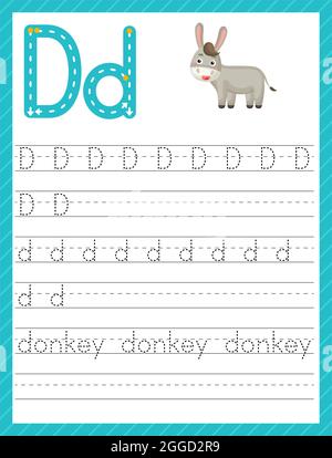 Trace letter D uppercase and lowercase. Alphabet tracing practice preschool worksheet for kids learning English with cute cartoon animal. Activity pag Stock Vector