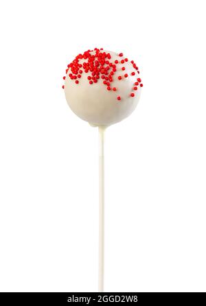 Cake pop in white glaze with red sprinkles isolated on white background Stock Photo