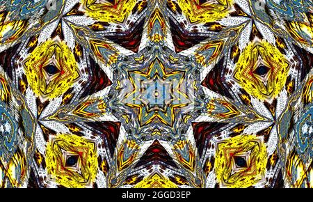 Sulphur yellow kaleidoscope. Seamless background from natural sulphur mineral. Hell pentagram Stock Photo