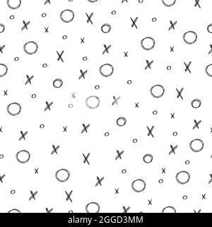 Tic tac toe game texture. Hand drawn seamless cross shapes pattern. Black elements on white background Stock Vector