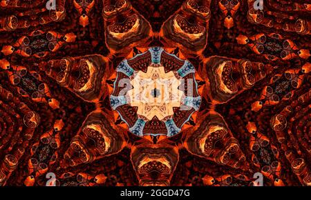 Ginger groovy kaleidoscope abstract seamless pattern with round kaleidoscopic glowing elements. Stock Photo