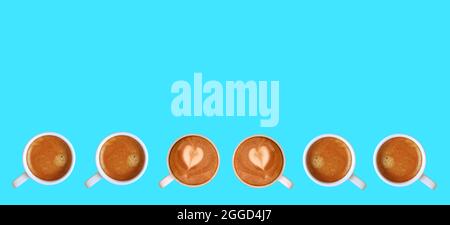 Pair of Heart Shaped Latte Art Cappuccino Coffee with Espresso Coffees in Line on Sky Blue Background Stock Photo
