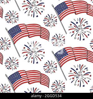 Patriotic seamless pattern with USA flags and firework. Vector illustration Stock Vector
