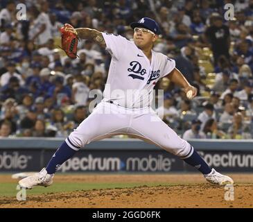 Los Angeles, United States. 30th Aug, 2021. Los Angeles Dodgers' starting pitcher Julio Urias winds up to deliver during the sixth inning at Dodger Stadium in Los Angeles on Monday, August 30, 2021. Photo by Jim Ruymen/UPI Credit: UPI/Alamy Live News Stock Photo