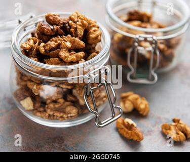 Walnuts  without shell on a concrete background Stock Photo