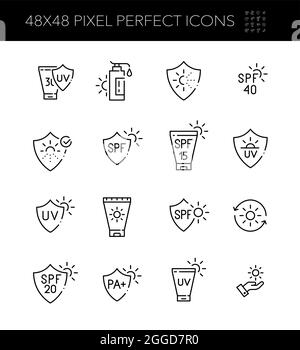 UV protection icons. Sunscreen lotions, suntanning. Pixel perfect, editable stroke Stock Vector