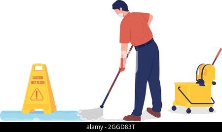 Janitor mopping floor semi flat color vector character Stock Vector