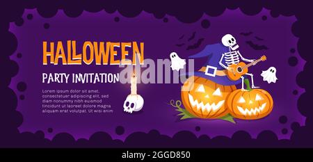 Halloween invitation with funny pumpkins skeleton and ghosts Stock Vector