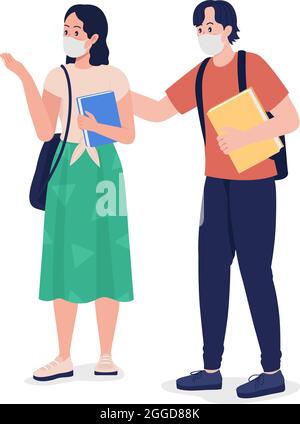 Pair of students in masks semi flat color vector character Stock Vector