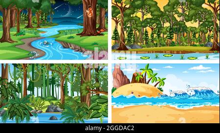 Four different nature horizontal scenes illustration Stock Vector