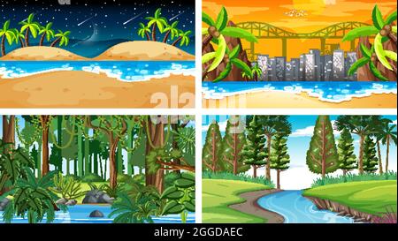 Four different nature horizontal scenes illustration Stock Vector