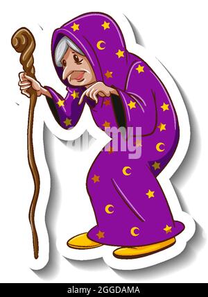 Old witch holding staff cartoon character sticker illustration Stock Vector