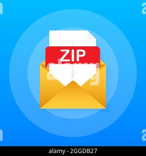 Download ZIP button. Downloading document concept. File with ZIP label and down arrow sign. Vector illustration. Stock Vector